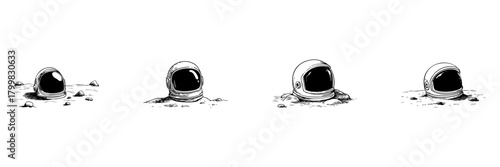 Astronaut Helmets On Lunar Surface Doodle Sketch Set. Space Exploration And Extraterrestrial Adventure In Hand Drawn Style Collection. Cosmic Discovery And Sci-Fi Concept. Isolated Vector Illustration