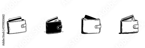 Wallet With Credit Card Doodle Sketch Set. Personal Finance, Money Management, And Payment Methods In Hand Drawn Style Collection. Financial Organization. Hand Drawn Isolated Vector Illustration