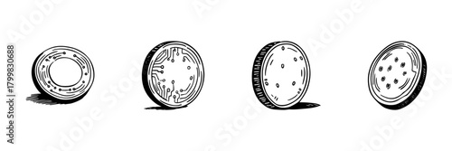 Cryptocurrency Coin Doodle Sketch Set. Digital Currency And Blockchain Technology In Hand Drawn Style Collection. Financial Innovation And Virtual Money Concept. Isolated Vector Illustration