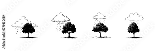 Tree And Rain Cloud Doodle Sketch Set. Weather Patterns And Nature Water Cycle In Hand Drawn Style Collection. Environmental And Ecological Concept. Isolated Vector Illustration