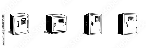 Safe Box Doodle Sketch Set. Security And Protection In Hand Drawn Style Collection. Digital Lock And Secure Storage. Isolated Vector Illustration