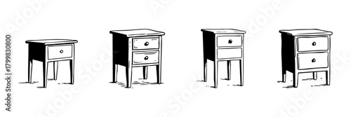 Four Wooden Nightstands Doodle Sketch Set. Furniture Design And Home Decor In Hand Drawn Style Collection. Variety Of Drawer Configurations. Isolated Vector Illustration