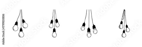 Hanging Light Bulbs Doodle Sketch Set. Creativity, Innovation, And Bright Ideas In Hand Drawn Style Collection. Vintage Lighting Concept. Hand Drawn Isolated Vector Illustration