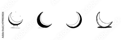 Crescent Moon Phases Doodle Sketch Set. Lunar Cycle And Nighttime Symbolism In Hand Drawn Style Collection. Celestial And Astronomical Illustration. Isolated Vector Illustration