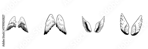 Angel Wings Doodle Sketch Set. Spirituality, Freedom, And Imagination In Hand Drawn Style Collection. Ethereal And Mystical Symbolism. Hand Drawn Isolated Vector Illustration