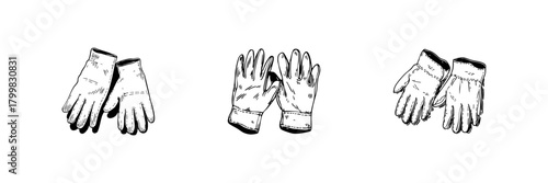 Leather Work Gloves Doodle Sketch Set. Protective Handwear For Safety, Gardening, And Construction In Hand Drawn Style Collection. Durable And Comfortable. Isolated Vector Illustration