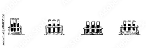 Test Tube Rack Doodle Sketch Set. Laboratory Equipment And Scientific Experimentation In Hand Drawn Style Collection. Chemistry And Biology Research Tools. Hand Drawn Isolated Vector Illustration