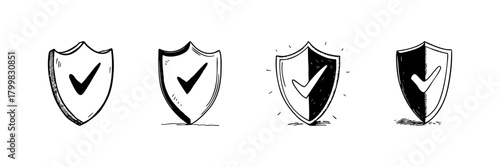 Shield With Checkmark Doodle Sketch Set. Security, Protection, And Verification Symbols In Hand Drawn Style Collection. Assurance And Safety Concept. Hand Drawn Isolated Vector Illustration