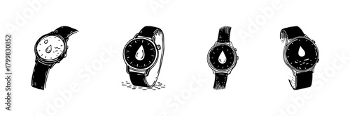 Wristwatch With Water Drop Doodle Sketch Set. Hydration Tracking, Water Intake Monitoring, And Wellness Reminder In Hand Drawn Style Collection. Health And Fitness. Isolated Vector Illustration