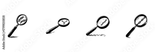 Magnifying Glass With Dna Strand Doodle Sketch Set. Genetic Research And Molecular Biology Exploration In Hand Drawn Style Collection. Scientific Investigation Tools. Isolated Vector Illustration