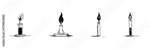 Test Tubes And Flasks With Flames Doodle Sketch Set. Chemistry Experiment, Laboratory Science, And Chemical Reaction Illustration In Hand Drawn Style Collection. Isolated Vector Illustration