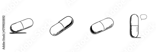 Capsule Pill Doodle Sketch Set. Pharmaceutical Medication And Healthcare Communication In Hand Drawn Style Collection. Medical Treatment And Drug Information. Isolated Vector Illustration