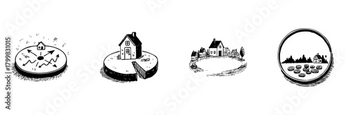 House And Pie Chart Doodle Sketch Set. Real Estate Investment, Property Distribution, Financial Planning In Hand Drawn Style. Homeownership And Wealth Management. Isolated Vector Illustration