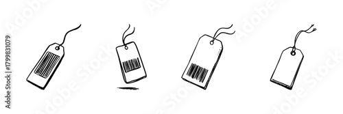 Price Tags With Barcodes Doodle Sketch Set. Retail And Inventory Management In Hand Drawn Style Collection. Shopping And Pricing Concept. Isolated Vector Illustration