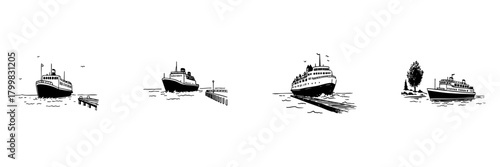 Ferry Boat Doodle Sketch Set. Maritime Transportation And Harbor Docking In Hand Drawn Style Collection. Nautical Travel And Coastal Scenery. Hand Drawn Isolated Vector Illustration