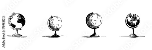 Globes Doodle Sketch Set. World Geography, Education, And Global Awareness In Hand Drawn Style Collection. Vintage Earth Representation. Isolated Vector Illustration
