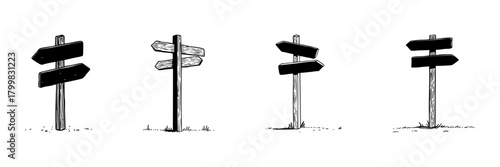 Directional Signpost Doodle Sketch Set. Navigation And Decision-Making In Hand Drawn Style Collection. Vintage Road Signs For Guidance And Travel. Isolated Vector Illustration