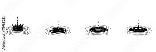 Water Droplet Splash Sequence Doodle Sketch Set. Fluid Dynamics And Ripple Effect In Hand Drawn Style Collection. Illustrating Motion And Impact. Hand Drawn Isolated Vector Illustration