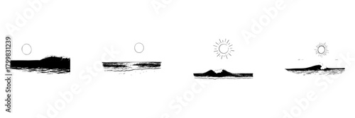 Ocean Waves And Sun Doodle Sketch Set. Coastal Serenity And Natural Beauty In Hand Drawn Style Collection. Tranquil Seascape Illustrations. Isolated Vector Illustration