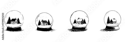 Snow Globe With Winter Cabin Doodle Sketch Set. Festive Holiday Decoration And Seasonal Charm In Hand Drawn Style Collection. Cozy Winter Scene. Hand Drawn Isolated Vector Illustration