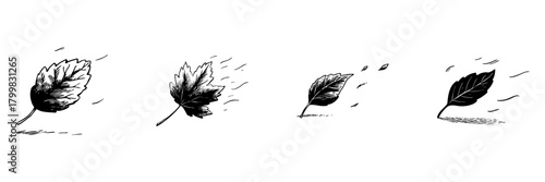Falling Leaves In Motion Doodle Sketch Set. Seasonal Change And Autumn Breeze In Hand Drawn Style Collection. Nature And Weather Illustration. Isolated Vector Illustration