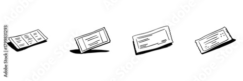 Four Snack Bar Packaging Doodle Sketch Set. Food Packaging Design And Branding Concepts In Hand Drawn Style Collection. Nutrition And Snack Marketing. Hand Drawn Isolated Vector Illustration