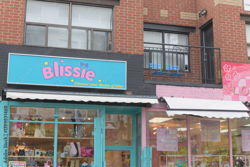 Fototapeta premium exterior of 78 and 80 Kensington Av with signs and merchandise, Toronto