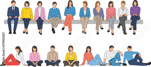 Group of people sitting, casual and formal clothing, bench seating, ground sitting, diverse outfits, social gathering, lifestyle illustration, vector design