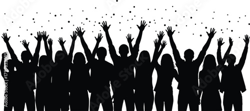 Group celebration silhouette, people raising hands, unity, joy, confetti party, teamwork, success, happiness, festive crowd, social gathering, excitement