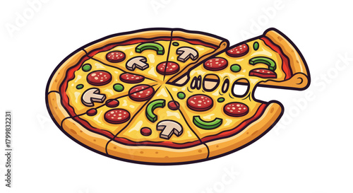 Delicious Pepperoni Mushroom Pizza Slice Being Pulled Away.