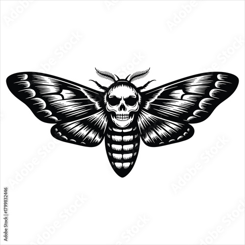 Gothic black and white deaths-head hawkmoth with skull motif isolated on white background, Vector