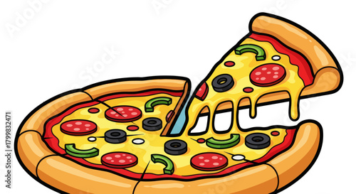 Delicious pizza with a slice being lifted showing melted cheese and toppings.