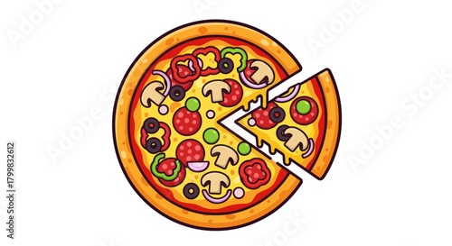 Delicious Pizza with Various Toppings and a Slice Removed, Ready to Eat.