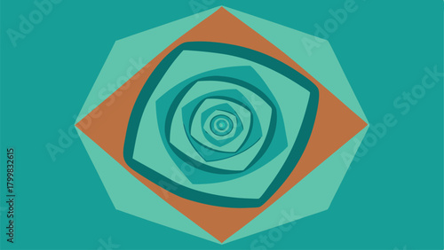 Teal and Orange Geometric Spiral with Square and Circular Elements abstract background