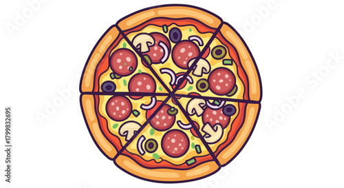 Delicious Pepperoni Pizza Slices with Mushrooms and Olives.