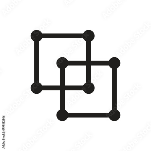 Two overlapping squares formed by lines and circles, pair vector icon illustration