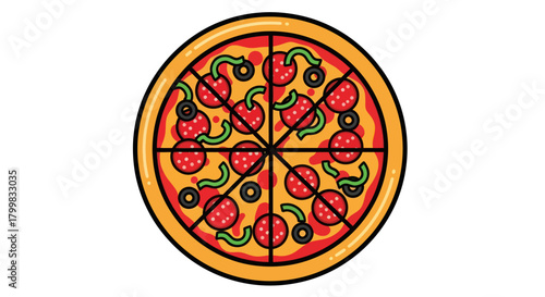 Delicious Pepperoni Pizza with Green Peppers and Olives.