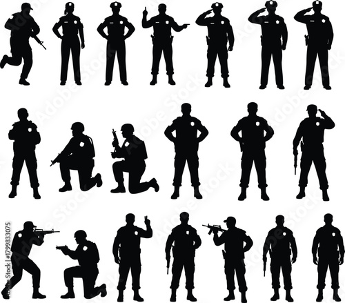 Military and police silhouette set, tactical poses, armed forces, saluting, standing, kneeling, weapon ready, uniformed figures, defense, security