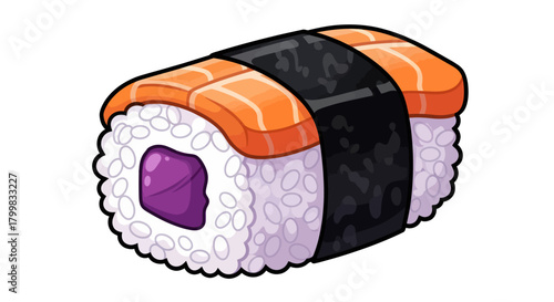 Delicious Salmon Nigiri Sushi Roll with Purple Filling and Seaweed Wrap.