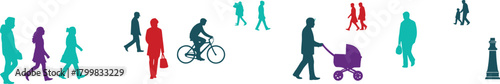 Minimalist people silhouettes, walking figures, cycling, dog walking, baby stroller, urban lifestyle, colorful vector illustration, everyday activities, modern design, diversity