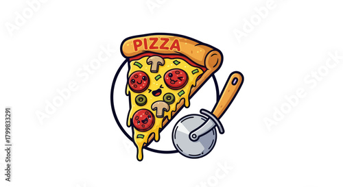 Delicious Slice of Pizza with Pepperoni and Mushrooms and Pizza Cutter.