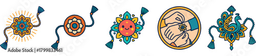 Happy Raksha Bandhan flat vector icon set of traditional Indian Rakhi illustration 