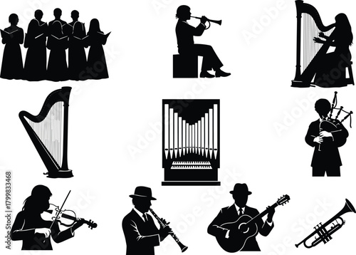 Music icons, choir singers, trumpet player, harpist, violinist, bagpiper, clarinetist, guitarist, pipe organ, musical instruments vector illustration, orchestra silhouettes, band performance
