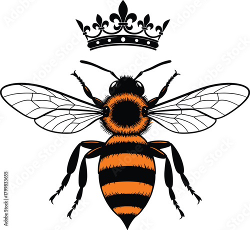 Queen bee illustration, royal crown insect, honeybee silhouette art, leadership symbol, dominance concept, nature design, striped abdomen vector, decorative wings