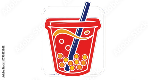 Delicious refreshing red bubble tea drink with straw and tapioca pearls.