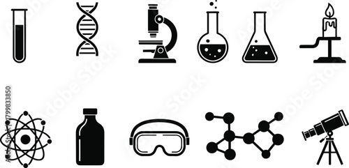 Science icons vector set, laboratory equipment silhouettes, microscope DNA atom flask telescope goggles illustration, chemistry biology physics design collection, stock image