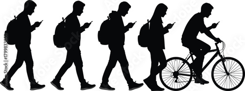 Silhouette people using smartphone, walking with backpack, mobile addiction, modern lifestyle, distracted walking, cycling with phone, technology dependence, posture impact