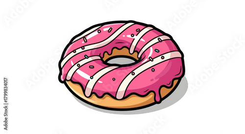 Delicious pink frosted donut with white stripes and sprinkles on top.