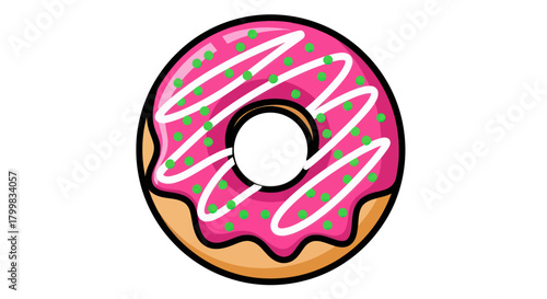 Delicious pink frosted donut with sprinkles and white icing, a sweet treat.