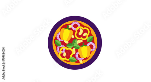 Delicious pizza with colorful toppings on a dark plate.
